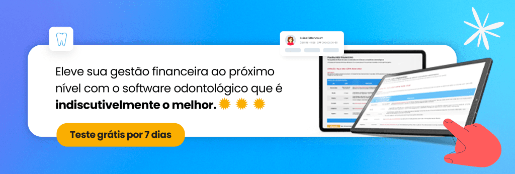 Banner do software odontológico com texto sobre gestão financeira e teste gratuito por 7 dias, apresentando um design colorido e moderno.
