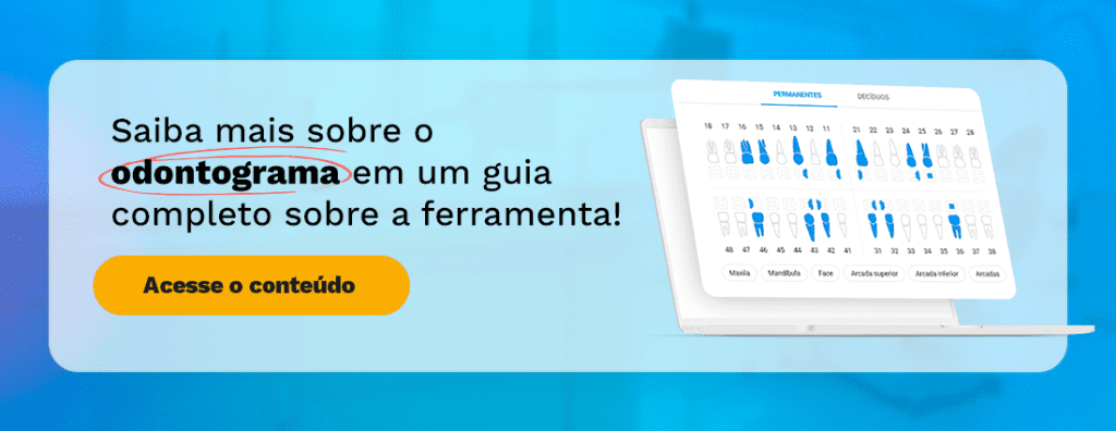 Imagem ilustrativa de um odontoquadro com informações sobre o odontograma, ferramenta essencial para odontologia, apresentado em um guia completo online.