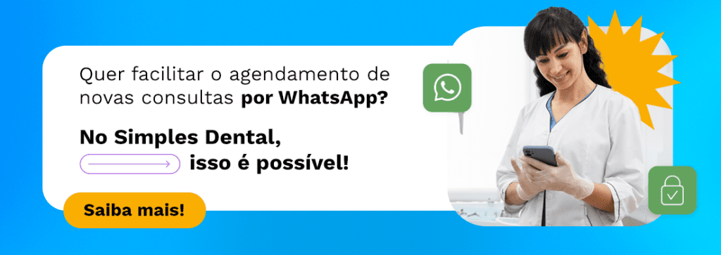 Banner promovendo agendamento de consultas odontológicas via WhatsApp, apresentando uma mulher sorridente em jaleco branco usando um smartphone, com texto e ícones destacando as principais características.