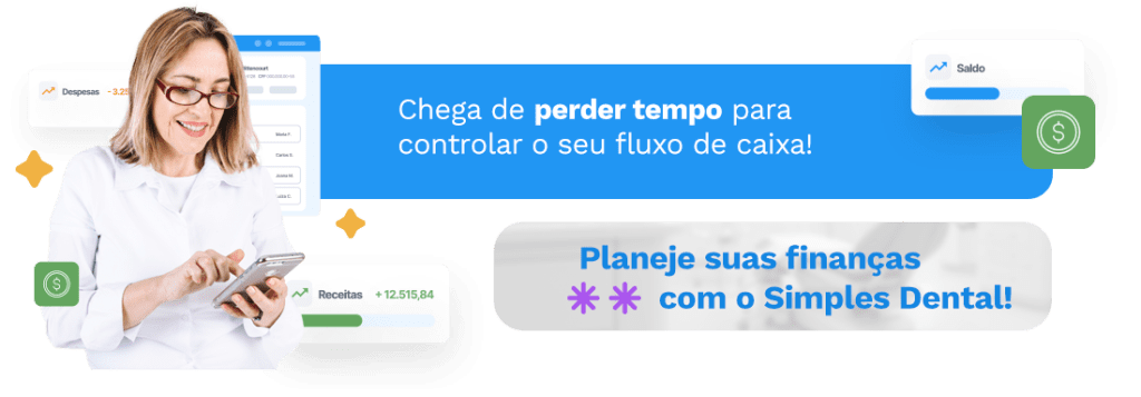 Mulher sorridente usando smartphone e controle financeiro digital no aplicativo Simple Dental, promovendo a gestão eficaz de finanças e fluxo de caixa.