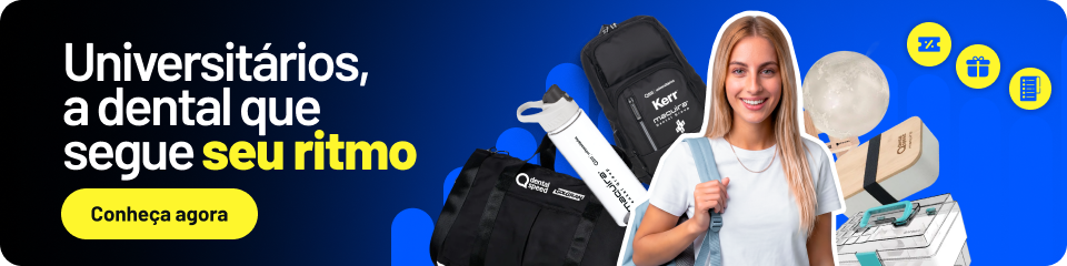 Banner publicitário em azul com a mensagem “Universitários, a dental que segue seu ritmo”, botão “Conheça agora” e a imagem de uma estudante segurando materiais e equipamentos odontológicos ao fundo.
