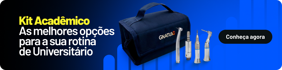 Banner promocional de kit acadêmico para universitários com bolsa preta GNATUS, instrumentos odontológicos e chamada “Conheça agora”.