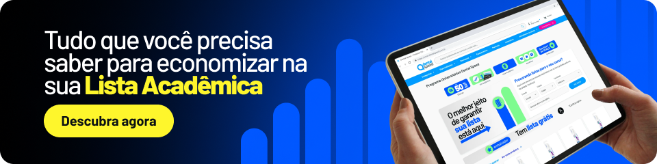 Banner azul e preto com texto “Tudo que você precisa saber para economizar na sua Lista Acadêmica”, botão “Descubra agora” e mão segurando um tablet mostrando a interface da lista acadêmica.