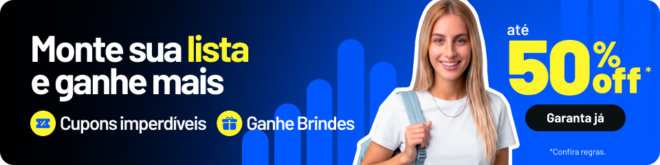 Banner promocional em azul com a chamada “Monte sua lista e ganhe mais”, ícones de cupons e brindes, mulher sorrindo à direita e destaque de até 50% OFF com botão “Garanta já”.