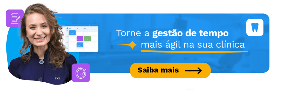 Imagem otimizada para a palavra-chave gestão de tempo, mostrando uma profissional sorridente promovendo soluções para uma clínica mais ágil e eficiente.