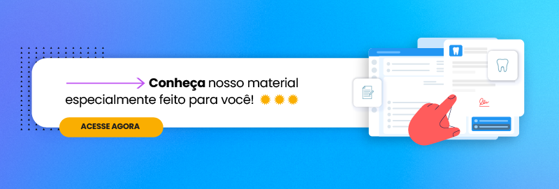 Banner colorido com um botão de chamada para ação e ícones relacionados à odontologia, promovendo material informativo.