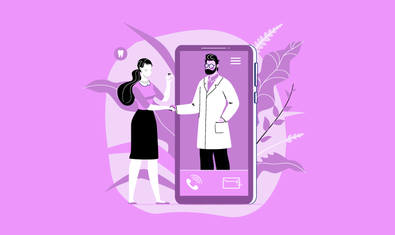 Ilustração de uma mulher cumprimentando um médico dentro de um smartphone, representando telemedicina e atendimento médico online, com fundo roxo e elementos naturais.