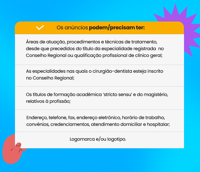 Tabela com informações sobre requisitos para anúncios na área odontológica, incluindo áreas de atuação e especialidades registradas.