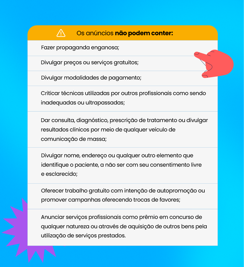 Tabela com diretrizes sobre o que os anúncios não podem conter, incluindo propaganda enganosa e divulgação inadequada de serviços.