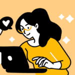 Ilustração de mulher usando o Site de Dentista em um laptop com ícones de despesas e telefone em fundo laranja