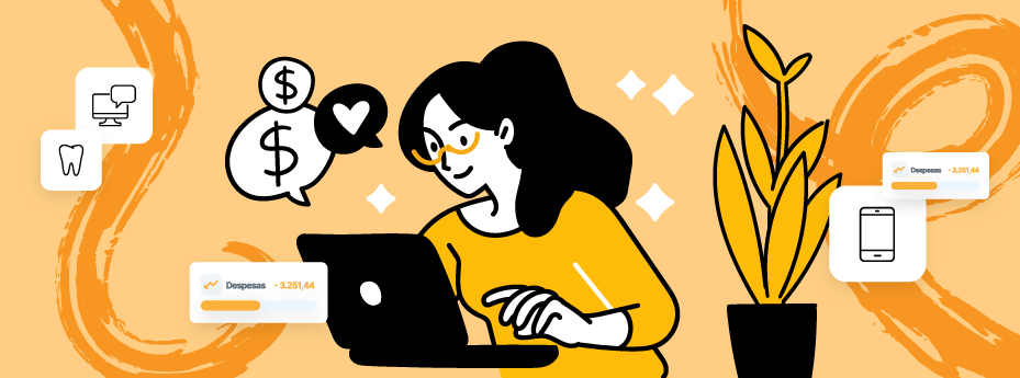 Ilustração de mulher usando o Site de Dentista em um laptop com ícones de despesas e telefone em fundo laranja