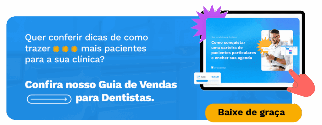 Promoção do guia de vendas para dentistas, com texto em azul e botão amarelo "Baixe de graça".
