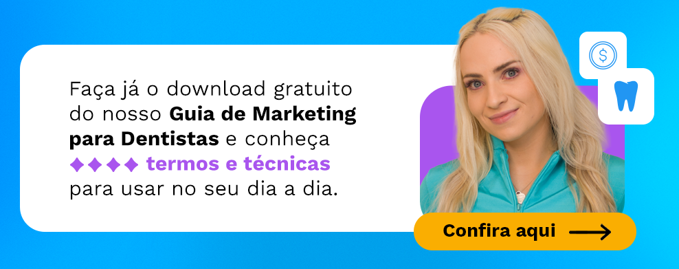 Foto de mulher loira, promovendo guia de marketing para dentistas com botão "Confira aqui".