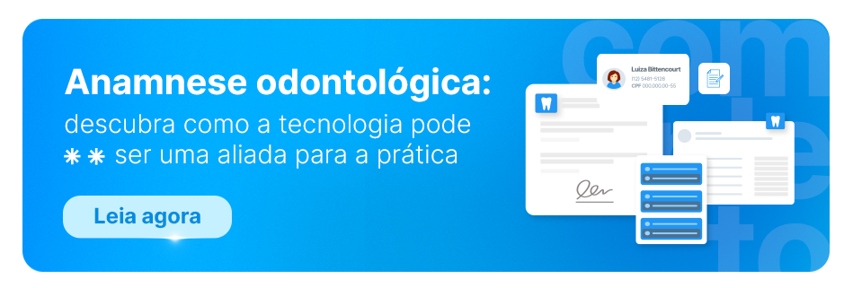 Imagem ilustrativa sobre anamnese odontológica e tecnologia, destacando a importância de utilizar ferramentas digitais na prática odontológica, com texto e ícones relacionados.