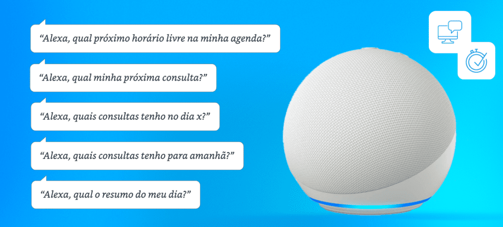 Imagem de um assistente inteligente Amazon Echo com perguntas relacionadas à Alexa, como agendar compromissos, verificar consultas e consultar o resumo do dia.