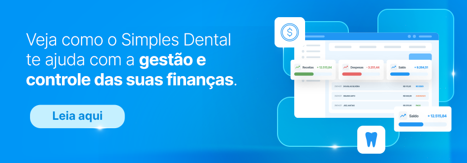 Ilustração de um sistema de controle financeiro para clínicas odontológicas, destacando gestão financeira e controle de despesas na plataforma Simple Dental.