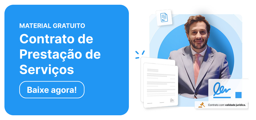 Banner em azul com material gratuito e texto sobre contrato de prestação de serviços odontológicos, documentos e registro, reforçando a formalização.