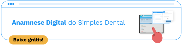 Banner digital do Simples Dental com informações sobre anamnese digital e um tablet mostrando um formulário.