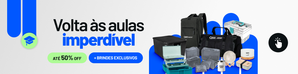 Banner com a frase 'Volta às aulas imperdível' e imagens de mochilas, caixas organizadoras e outros itens escolares.