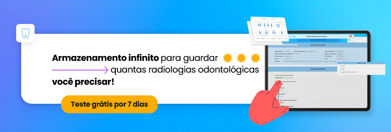 Imagem ilustrativa de armazenamento ilimitado para radiografias odontológicas, promovendo segurança e facilidade na gestão de exames. Tecnologia moderna e interface intuitiva.