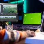 Pessoa trabalhando em um computador com tela de edição de vídeo, ao lado de um laptop com tela verde, em um ambiente criativo de produção de conteúdo.