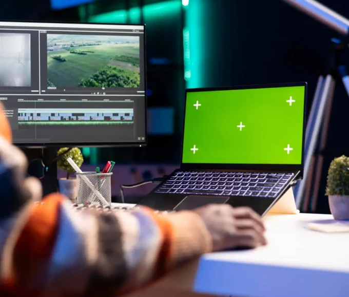 Pessoa trabalhando em um computador com tela de edição de vídeo, ao lado de um laptop com tela verde, em um ambiente criativo de produção de conteúdo.