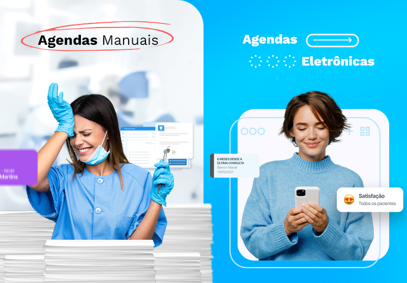 Duas pessoas felizes usando agendas manuais e eletrônicas, promovendo organização e satisfação, com foco em agendas e tecnologia de planejamento.