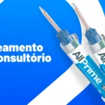 Imagem ilustrativa de três seringas de clareadores da AllPrime com destaque para o texto clareamento de consultório na cor branca, em fundo azul e branco.