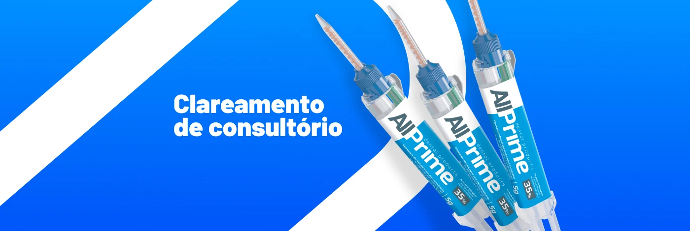 Imagem ilustrativa de três seringas de clareadores da AllPrime com destaque para o texto clareamento de consultório na cor branca, em fundo azul e branco.