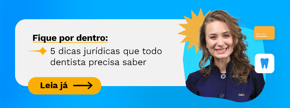 Imagem de uma mulher sorridente com cabelo ondulado no estilo profissional, destacando dicas jurídicas para dentistas, com elementos gráficos de destaque e convite para leitura.