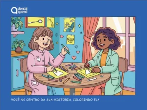 Ilustração de duas crianças sorridentes no centro de uma história, colorindo juntas em uma mesa com diversos materiais de arte, dentro de uma sala iluminada, promovendo criatividade e diversão.