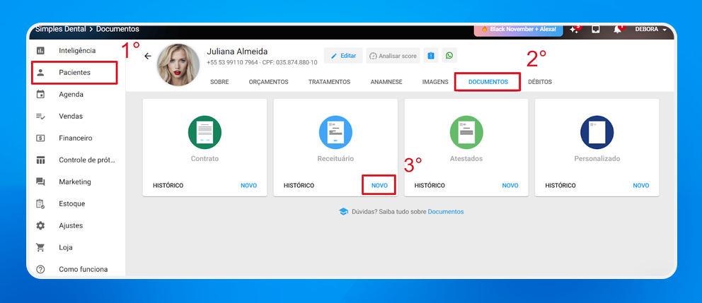 Tela do sistema de gestão de pacientes para saúde bucal, exibindo opções de documentos digitais como contratos, receitas e atestados, importantes para clínicas odontológicas