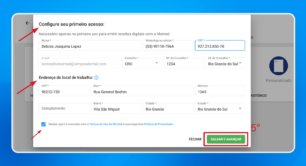 Imagem de tela de configuração de acesso para emissão de receitas digitais na plataforma Memed, exibindo campos de cadastro, endereço de trabalho e botão de salvar.