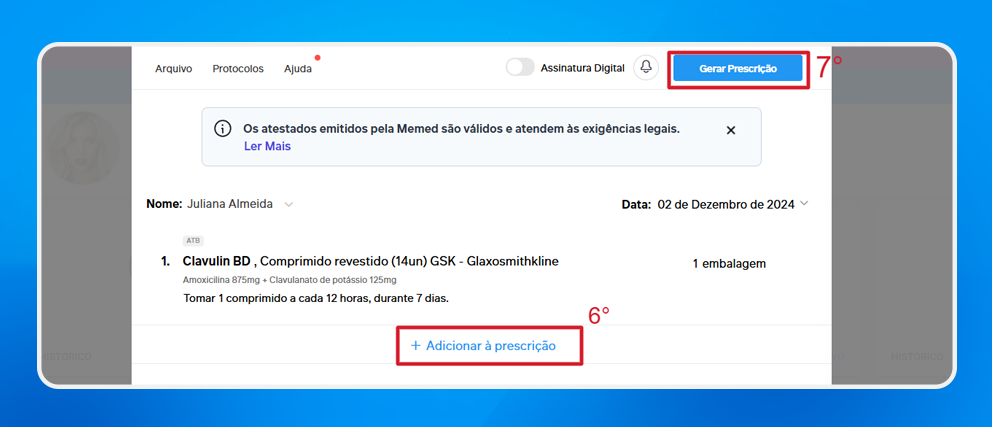 Tela de computador exibindo uma receita médica digital com informações sobre o medicamento Clavulin BD e instruções de uso.