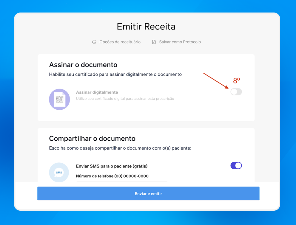 Tela de emissão de receita digital mostrando opções para assinar digitalmente e compartilhar por SMS com um botão azul 'Enviar e emitir'