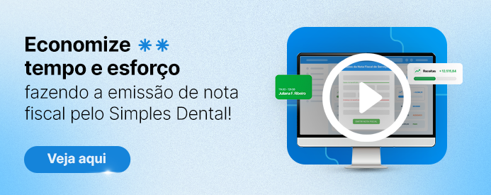 Imagem promovendo a economia de tempo e esforço na emissão de nota fiscal pelo Simples Dental, com computador exibindo a plataforma digital.