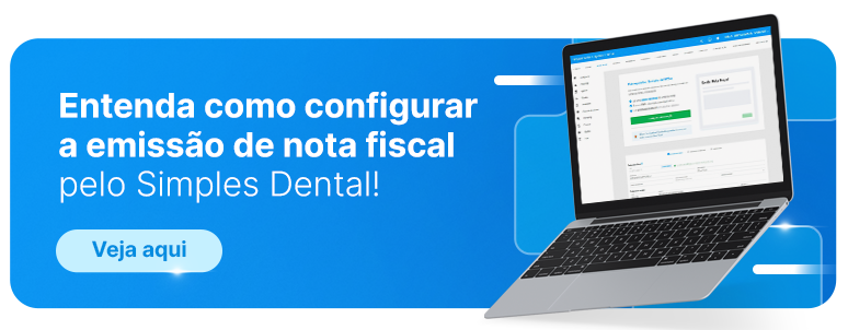 Banner explicativo sobre como configurar a emissão de nota fiscal pelo sistema Simples Dental, com destaque para a facilidade de uso e acesso ao tutorial.